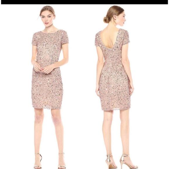 Adrianna Papell Sequined Rose Gold Cocktail Dress Scoop Back Formal Beaded SZ 6 - Picture 1 of 9